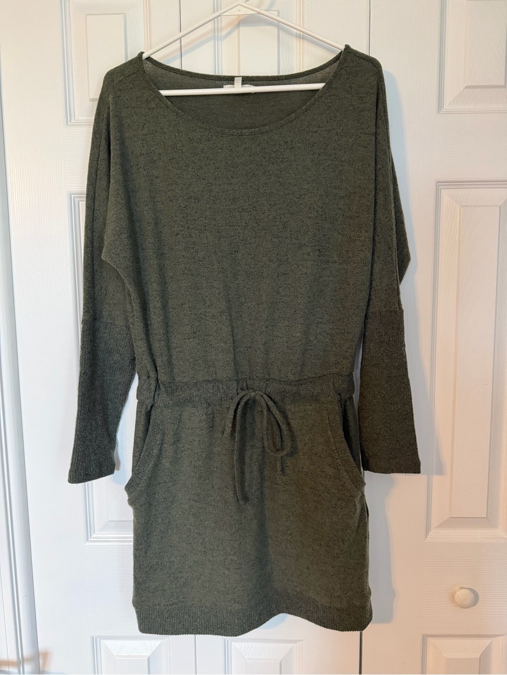 Olive Green Sweater Dress with Waist Drawstring and Pockets